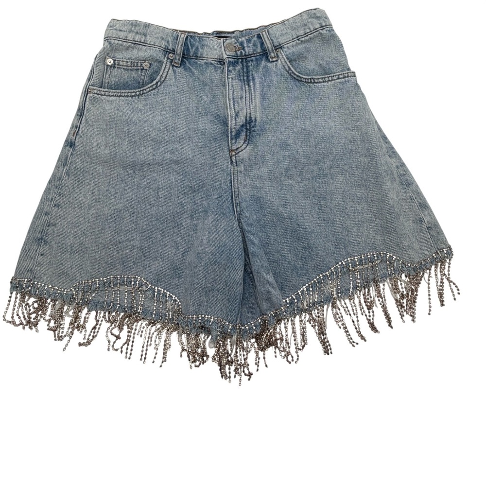 Maje Denim Shorts Women 38 Blue Rhinestone Fringe High Rise Button Fly Glam Boho
